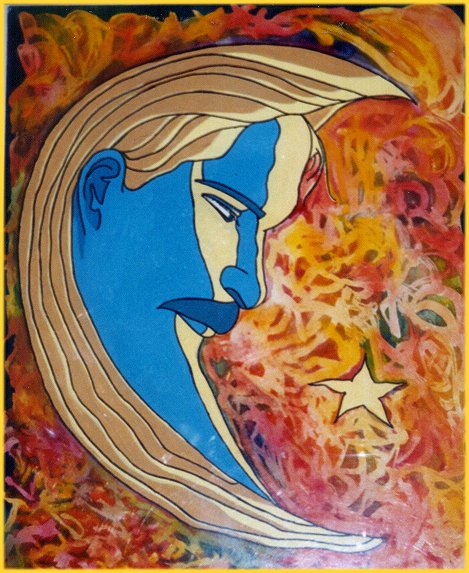 An old guache painting of the man in the moon.&nbsp; It's also my ex-husband.&nbsp; 12"x16"